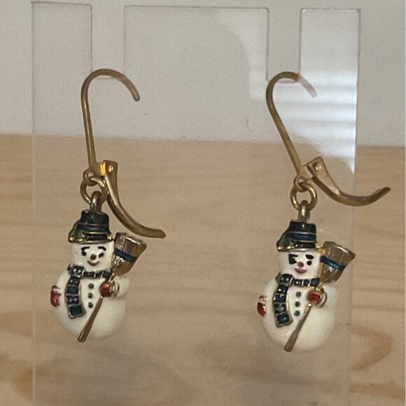 Vintage Snowman Dangle Drop Earrings With Gold Lever Hooks - Picture 1 of 3